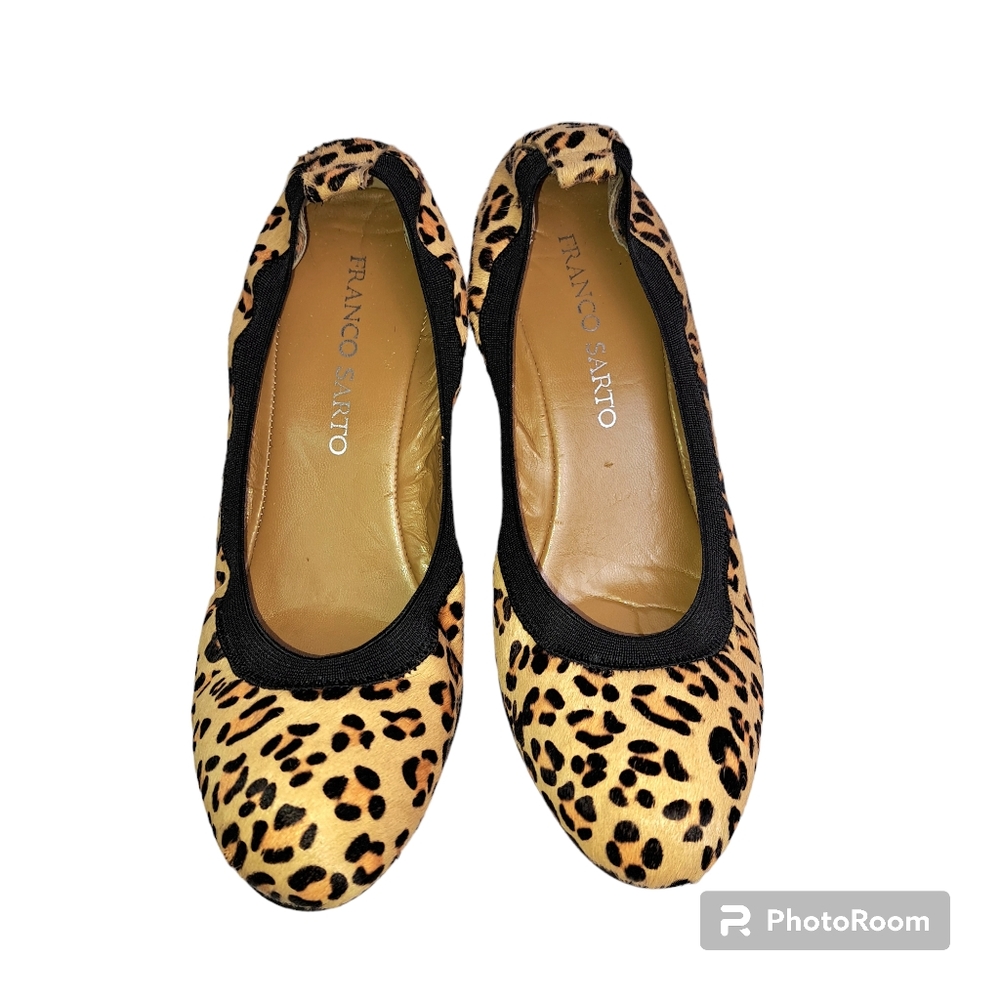 Franco Sarto Women's Leather Calf Hair Leopard Print Wedge Heel Size 8.5 M